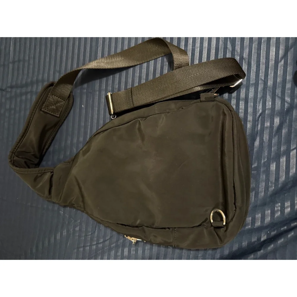 Black Nylon Sling Bag Crossbody Backpack Travel Chest Pack Striped Lining